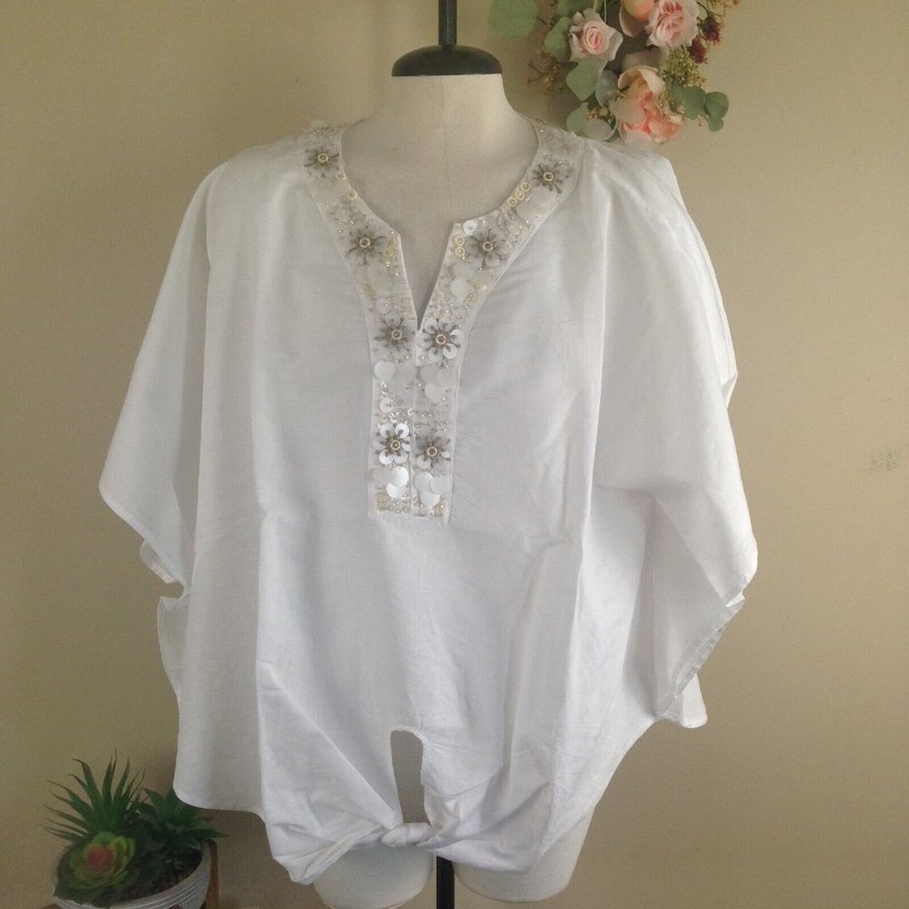 Chico's Alabaster Tie Front Linen Cotton Top Beach Cruise
